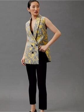 Anthropologie Hutch Plaid Floral Double Breasted Longline Sleeveless Vest Medium